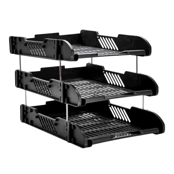 Black plastic office document container with 3 shelves